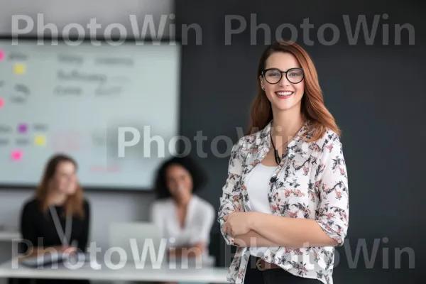 אשת עסקים חדשנית מציגה בביטחון את החזון שלה למשקיעים. חיוך, עיצוב אופנה, אירוע