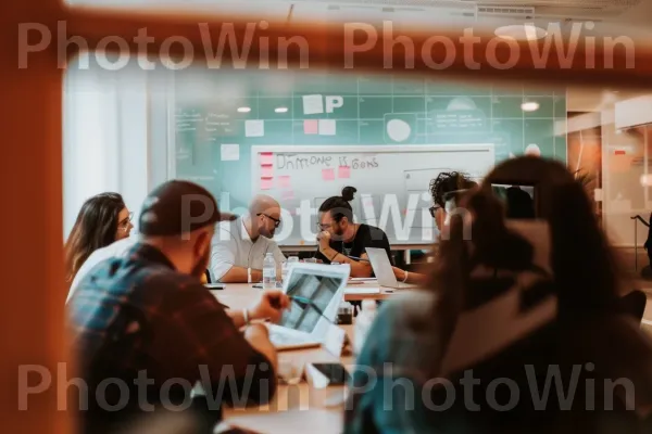 חדר ישיבות ארגוני מלא באנשים חדורי מוטיבציה הדנים באסטרטגיות. מחשב נייד, כִּסֵא, מכשיר חשמלי