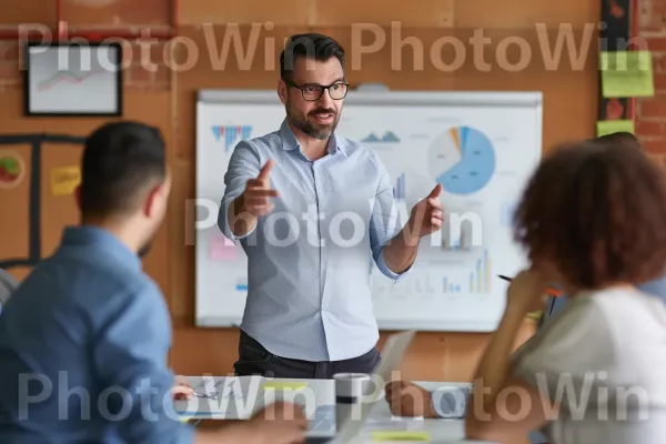 עובד מוביל בביטחון ישיבת צוות ומשתף תובנות. משקפיים, הַנדָסָה, שֵׁרוּת