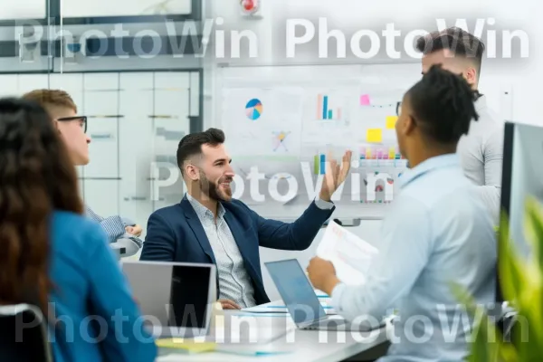 קבוצה של אנשי מקצוע דנים באסטרטגיות עסקיות במשרד מודרני. מַחשֵׁב, מחשב אישי, צרכן