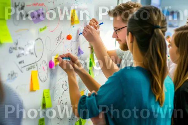 צוות סטארטאפים חדשני שמשתף פעולה על לוח מלא ברעיונות. כְּתַב יָד, אורגניזם, קהילה