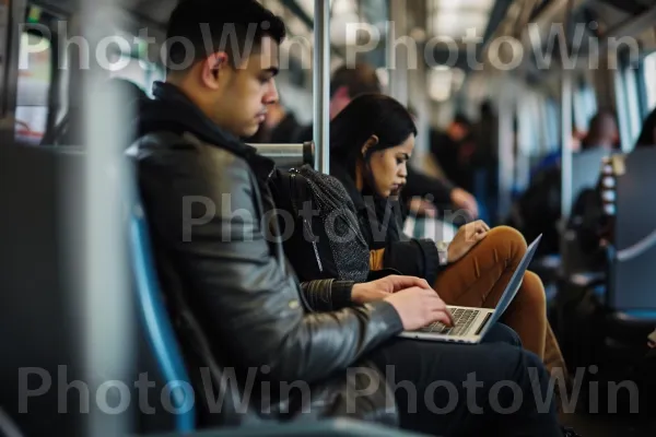 נוסע עסוק מקליד על מחשב נייד בזמן נסיעה ברכבת. מחשב אישי, רכב, תחבורה ציבורית