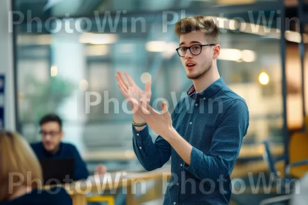 יזם צעיר שמציג בלהט את רעיון הסטארט-אפ החדשני שלו. טיפול חזון, מחווה, כִּסֵא