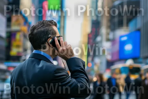 איש עסקים חדור מוטיבציה לבוש בחליפה חדה מתקשר. משקפיים, צַלָם, כְּבִישׁ