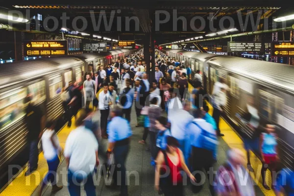 נוסעים עסוקים ממהרים לתפוס את הרכבת הבאה בתחנה הומה. מרכז תחבורה, תַשׁתִית, אופן תחבורה