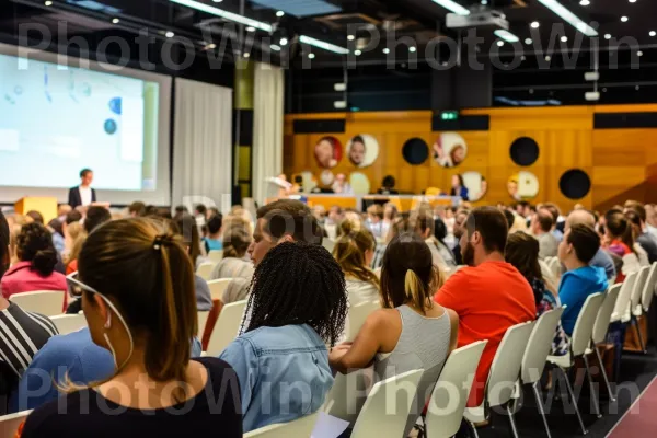 חדר ישיבות עמוס מלא במשתתפים קשובים. קָהָל, חליפה, חולצה קצרה