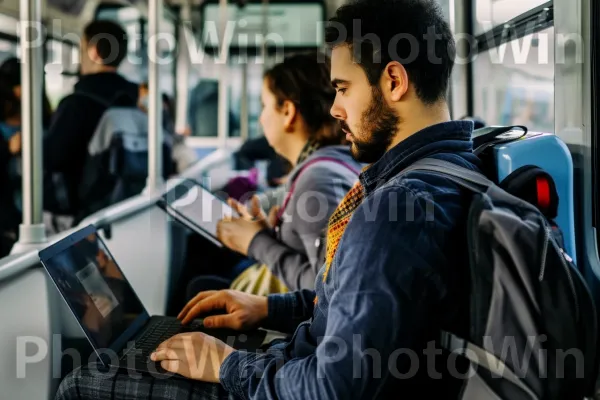 נוסע עסוק מקליד על מחשב נייד בזמן נסיעה ברכבת. מַחשֵׁב, מחשב אישי, טיול