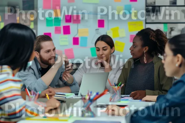 צוות מגוון העוסק בסיעור מוחות פורה. מוצר, שולחן, מַחשֵׁב