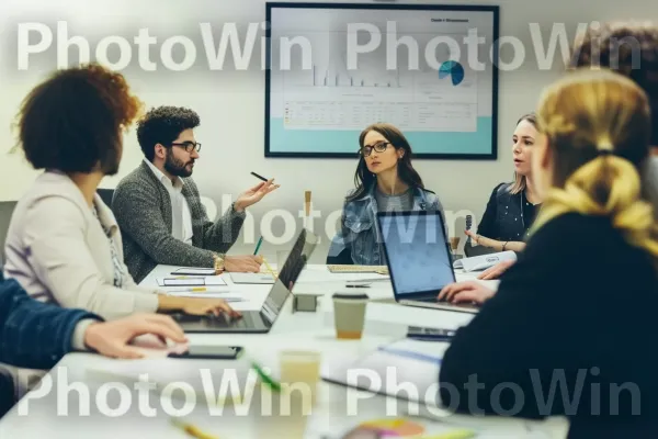 צוות של אנשי מקצוע דנים באסטרטגיה סביב שולחן ישיבות. מַחשֵׁב, מחשב נייד, אינטראקציה