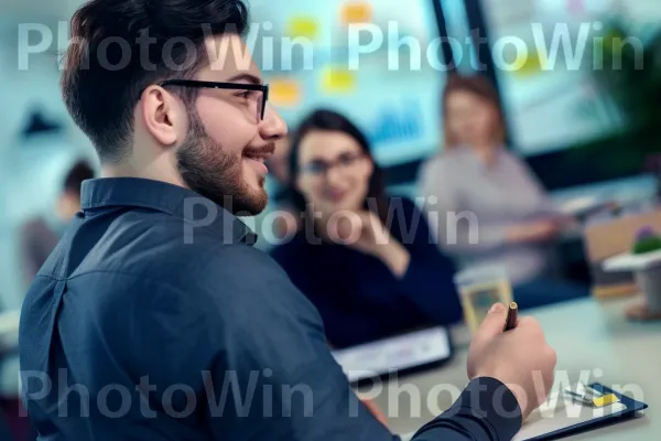 עובד חרוץ רושם הערות במהלך שיחת מוטיבציה מעוררת השראה. טיפול חזון, חיוך, עובד צווארון לבן