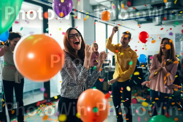 אשת עסקים חוגגת בהתרגשות עסקה מוצלחת עם עמיתיה. חיוך, בַּלוֹן, שמלה