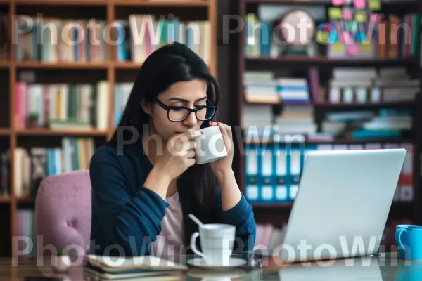 אישה מרובה משימות עם מחשב נייד, טלפון וכוס קפה. מחשב נייד, שולחן, מַחשֵׁב