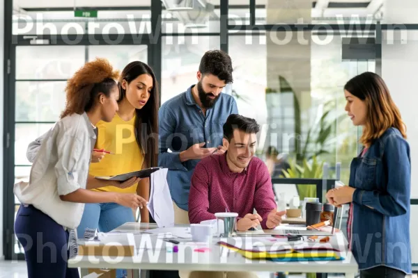 קבוצת אנשי מקצוע משתפת פעולה בפרויקט במרחב עבודה פתוח. שולחן, הַנדָסָה, אֲנָשִׁים