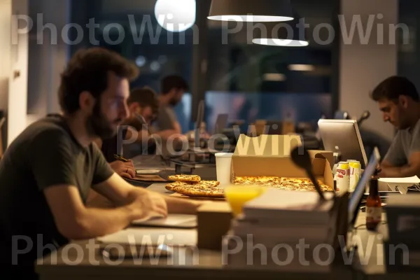 צוות סטארטאפים שעובד עד מאוחר, מתודלק מפיצה ומשקאות אנרגיה. מחשב נייד, מחשב אישי, שׁוּלְחָן כְּתִיבָה