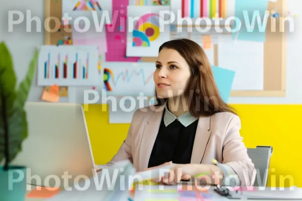 אשת עסקים המתכננת קמפיינים שיווקיים לקראת השקת מוצר חדש. מעיל, עציץ, עיצוב אופנה