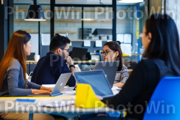 סביבת מקום עבודה דינמית המציגה עבודת צוות וסינרגיה. שולחן, מחשב נייד, כִּסֵא