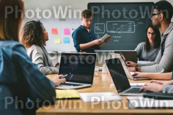 צוות של אנשי מקצוע משתפים פעולה ומשתפים רעיונות בפגישה. שולחן, שׁוּלְחָן כְּתִיבָה, כִּסֵא