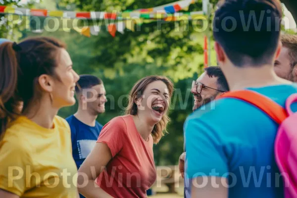 צוות של עמיתים משתפים בצחוק במהלך פעילות גיבוש צוות. מִכְנָסַיִים קְצָרִים, צמח, שַׂמֵחַ