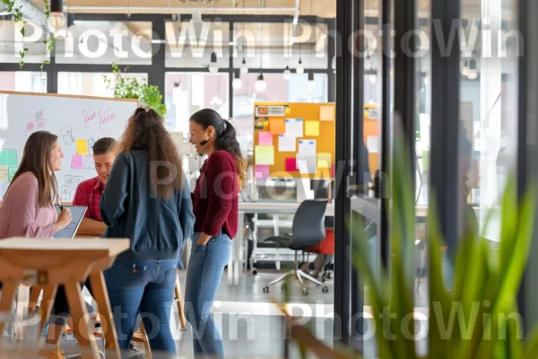 קבוצת אנשי מקצוע משתפת פעולה בפרויקט בחלל עבודה משותף. צמח, חולצה קצרה, צרכן