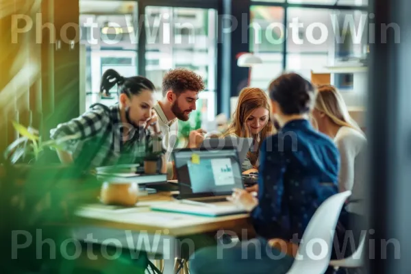 קבוצת עמיתים משתפת פעולה בפרויקט באמצעות טכנולוגיה. מַחשֵׁב, שׁוּלְחָן כְּתִיבָה, כִּסֵא