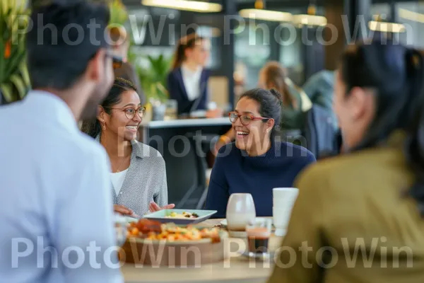 עובדי המשרד מתרועעים בהפסקת צהריים. משקפיים, חיוך, צרכן