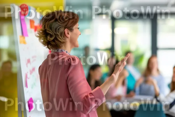 אשת עסקים בעלת ביטחון עצמי מובילה פגישת צוות מוטיבציה. כֵּיף, פְּנַאִי, מַגֶנטָה