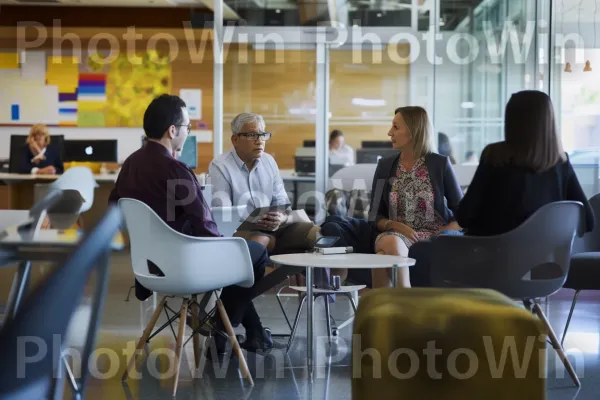 קבוצה של אנשי מקצוע דנים באסטרטגיות עסקיות במשרד מודרני. רְהִיטִים, בִּניָן, נוחות