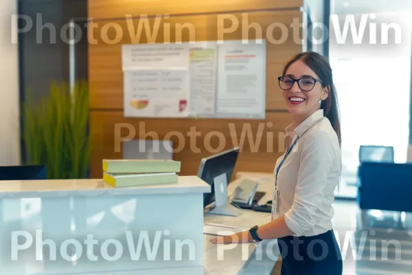 פקידת קבלה מקבלת בחום מבקרים במשרד תאגידי. אירוע, עובד צווארון לבן, עבודה