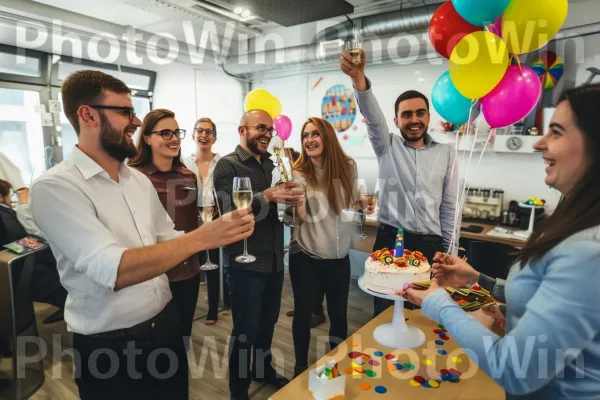 קבוצת עמיתים לעבודה חוגגת סיום פרויקט מוצלח. מעיל, תְאוּרָה, בַּלוֹן