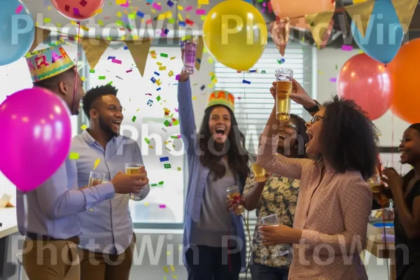 קבוצה מגוונת של עובדים חוגגת את סיום הפרויקט המוצלח שלהם. תַצלוּם, ירוק, בן אנוש