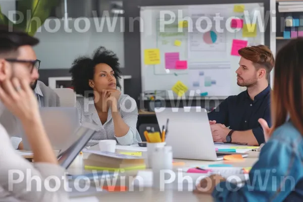 קבוצה של אנשי מקצוע מגוונים המתכננים אסטרטגיה בחדר ישיבות. יד, מחשב נייד, מוצר