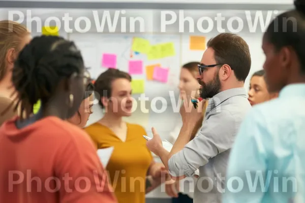 צוות של אנשי מקצוע הפותרים יחד בעיות במהלך סיעור מוחות. פתק פוסט-איט, כְּתַב יָד, הִסתַגְלוּת