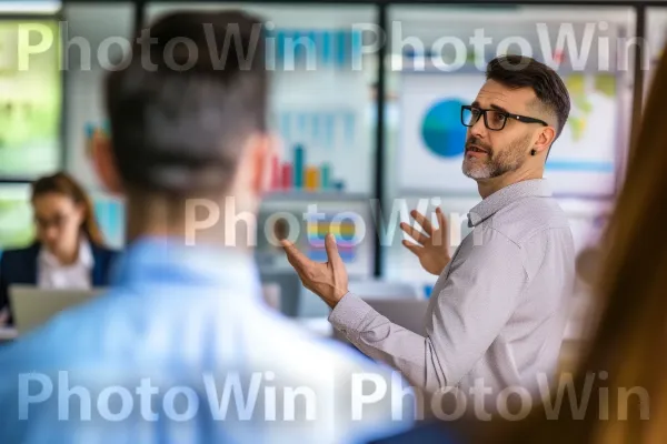 איש עסקים המציג כישורי מנהיגות במהלך דיון קבוצתי. טיפול חזון, מַכשִׁיר, חולצה שמלה