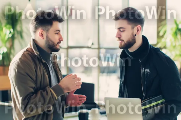 שני אנשי מקצוע ניהלו שיחה ידידותית בהפסקה. מחשב נייד, מחווה, צהוב