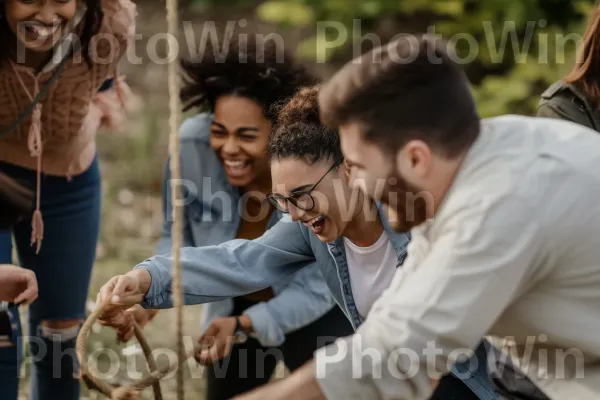 קבוצת קולגות נהנית מפעילות גיבוש צוות מחוץ למשרד. שַׂמֵחַ, אינטראקציה, כֵּיף