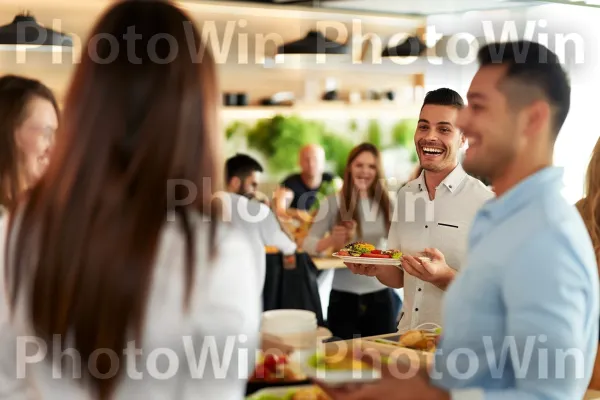 עובדי המשרד מתרועעים בהפסקת צהריים. כלי שולחן, חיוך, מזון