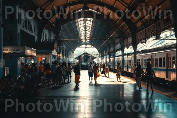 הצצה שובת לב לתחנת רכבת ישנה הומה במטיילים. חַלוֹן, סִימֶטרִיָה, רכב