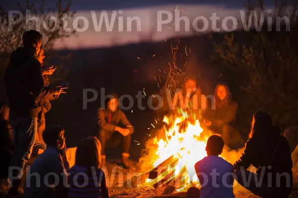 רגע קפסולת זמן: קבוצת חברים שחולקים צחוק ליד מדורה. סביבה טבעית, לֶהָבָה, חולצה קצרה