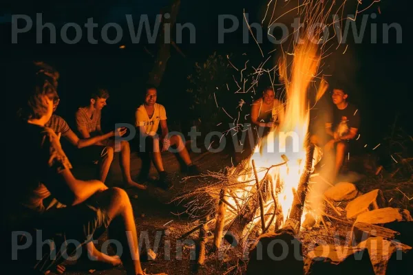 רגע קפסולת זמן: קבוצת חברים שחולקים צחוק ליד מדורה. מְדוּרָה, צמח, אנשים בטבע