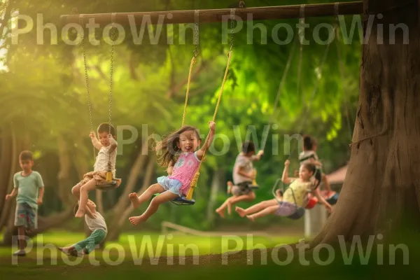 תמונה גחמנית של ילדים משחקים בגן משחקים מיושן. צמח, אנשים בטבע, דֶשֶׁא