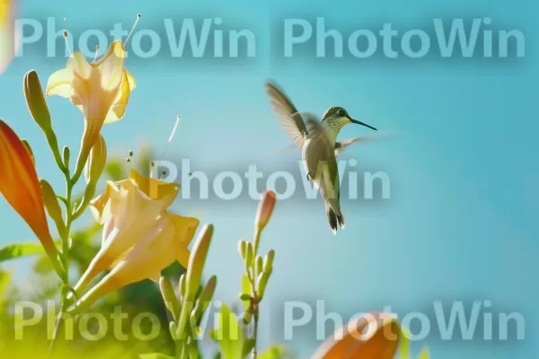 יונק דבש זריז מרחף באוויר, לוגם צוף מפרח תוסס. צמח, מאביק, פֶּרַח