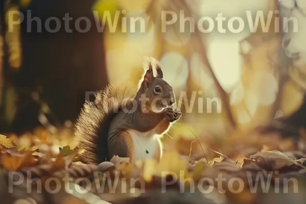 סנאי סקרן נהנה מבלוט טעים בפארק. סנאי אפור, עופר, סנאי שועל