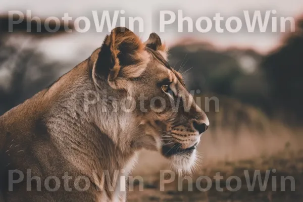 לביאה מלכותית סוקרת את הטריטוריה שלה בסוואנה האפריקאית. אַריֵה, חתולים גדולים, עופר