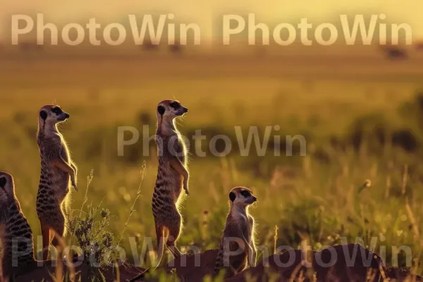 משפחה של סוריקטות עומדות גבוה על רגליהן האחוריות, שומרים על משמרת. אזור אקולוגי, צמח, שטח דשא