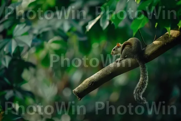 סנאי סקרן התיישב על ענף, מביט בסביבתו. ענף, זֶרֶד, צמח יבשתי