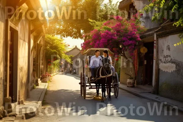 הצמד המאורס נהנה מטיול מקסים בכרכרה רתומה לסוס דרך העיירה. פני הכביש, חיה עובדת, עֵץ