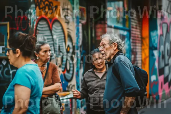 תושבי העיר שקועים בשיחה, המשקפים את תרבות הרחוב התוססת. פְּנַאִי, אומנות, עִיר