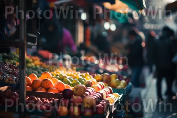 שוק רחוב שוקק פעילות כאשר מוכרים מוכרים את התוצרת הטרייה שלהם. מזונות טבעיים, מוכר, פרי