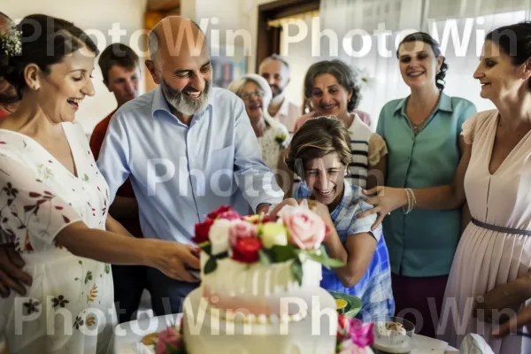 זוג מאושר, חותך את עוגת החתונה, מוקף במשפחה וחברים מפרגנים. אופנה, שַׂמֵחַ, עניבה