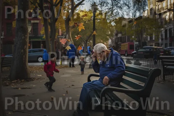 קשיש יושב בשלווה על ספסל, צופה ברחוב הסואן. עֵץ, צהוב, פְּנַאִי